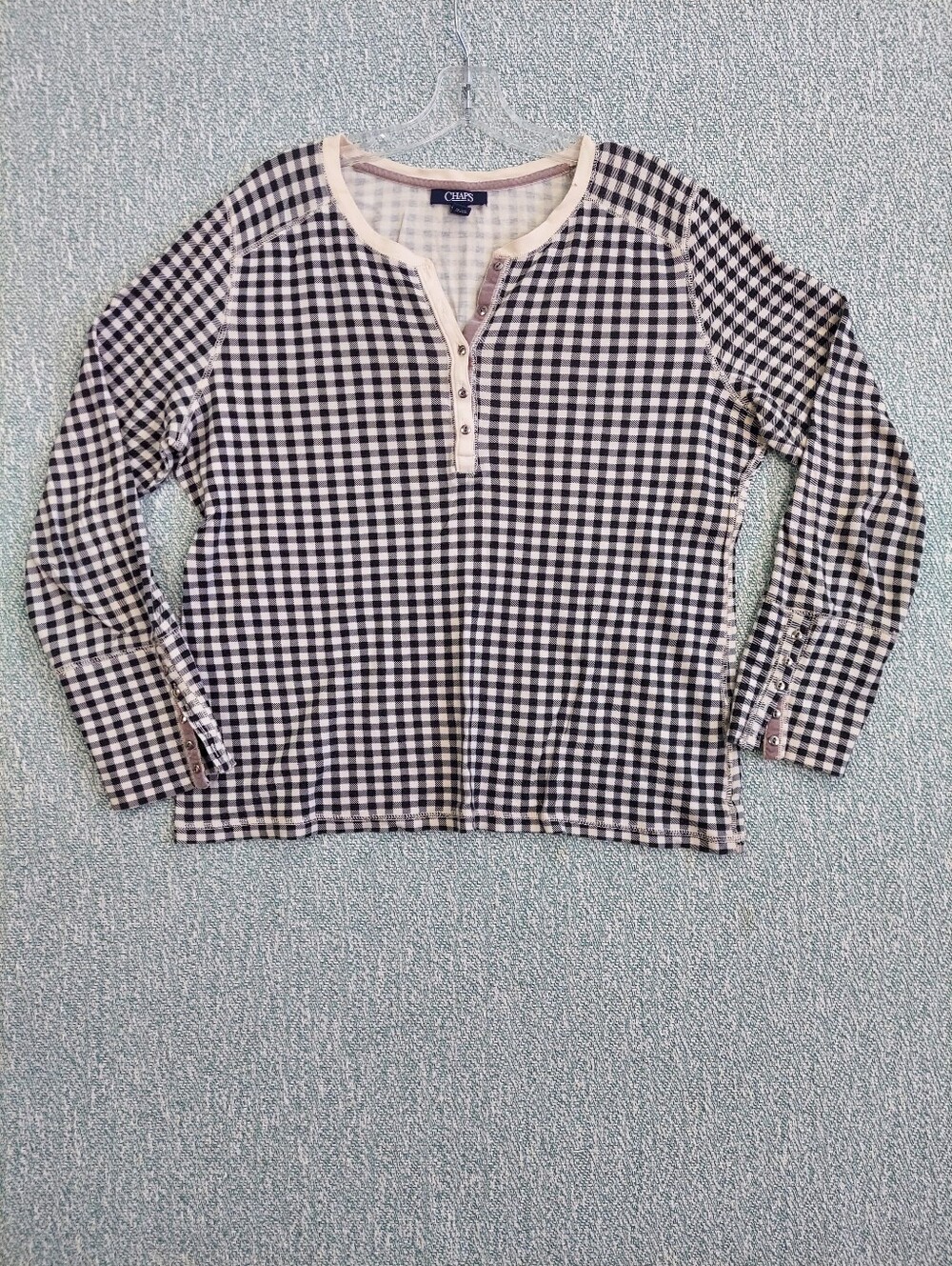 Chaps Cream and Navy Gingham Henley Top